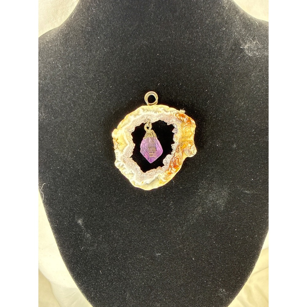Natural Geode Slice Pendant with Amethyst Crystal Point Purple Boho Jewelry